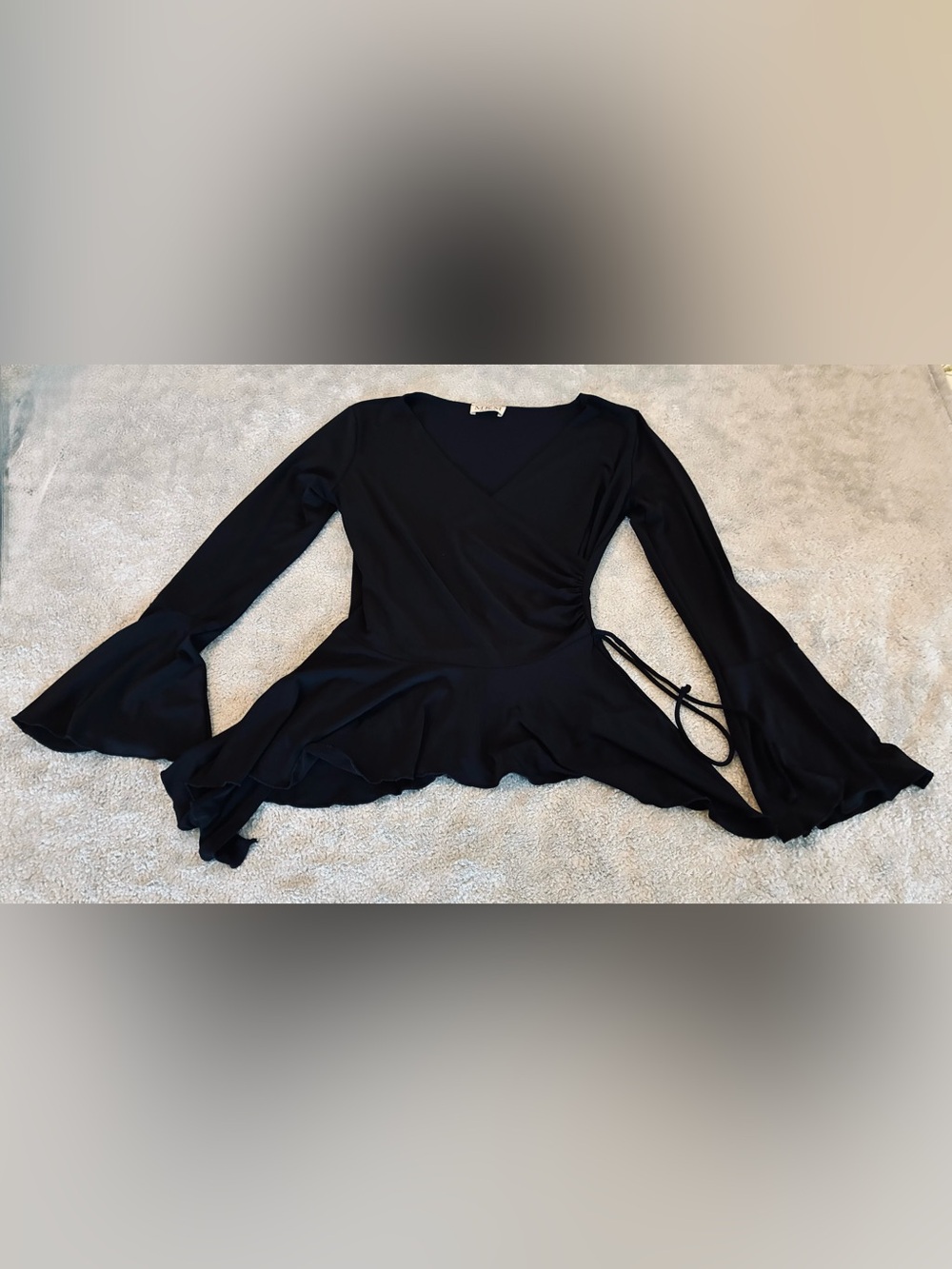 Women’s MKM Designs Black Wrap Peplum Top with Bell Sleeves Size Small